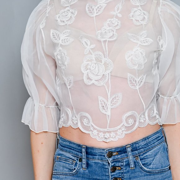 VINTAGE 70s White Organza Embroidered High-Neck Blouse XS - Picture 3 of 12